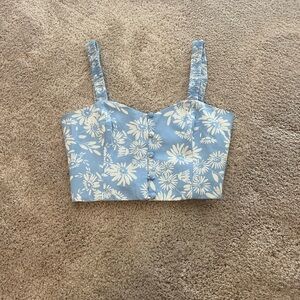 Zara Blue and White Floral Crop Top with Zipper Closure